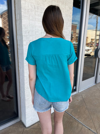Casey Floral Lace Woven Top Turquoise