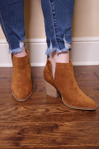 Abby Camel Side Slit Booties by LuvLeigh Apparel