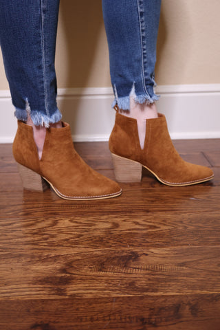 Abby Camel Side Slit Booties by LuvLeigh Apparel